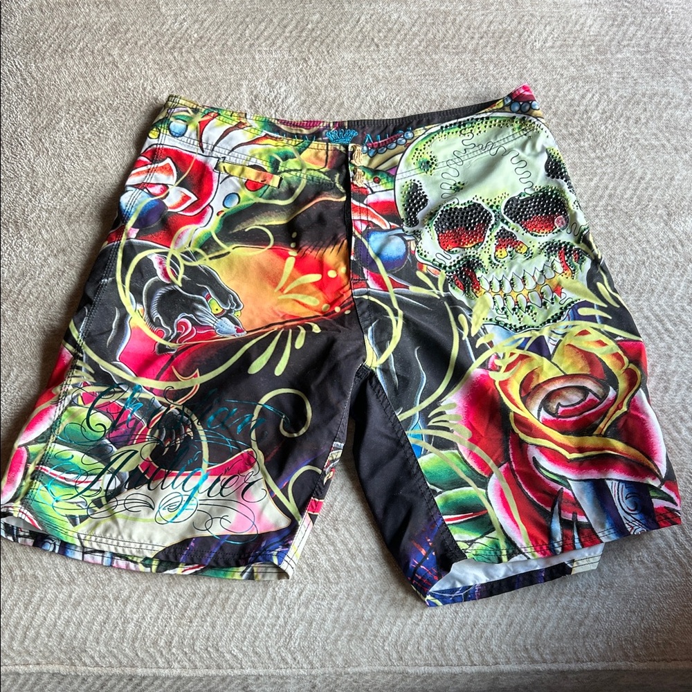 Christian Audigier Neon Skull & Rose Athletic Shorts - Black, Red, Yellow, Green